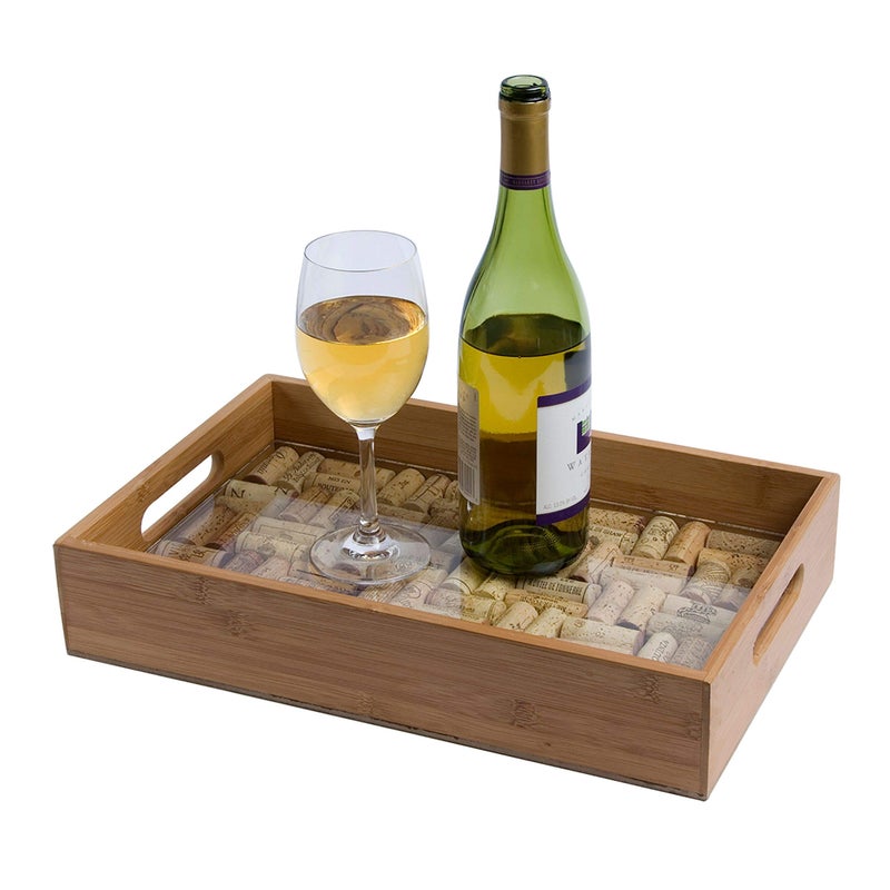 Oenophilia Oenophilia Greenophile Bamboo Cork Service Tray Kit With Handles 100 Bamboo Glass Pane Serving Platter for Wine Beer Charcuterie Appetizers and More DoitYourself Corks NOT included 