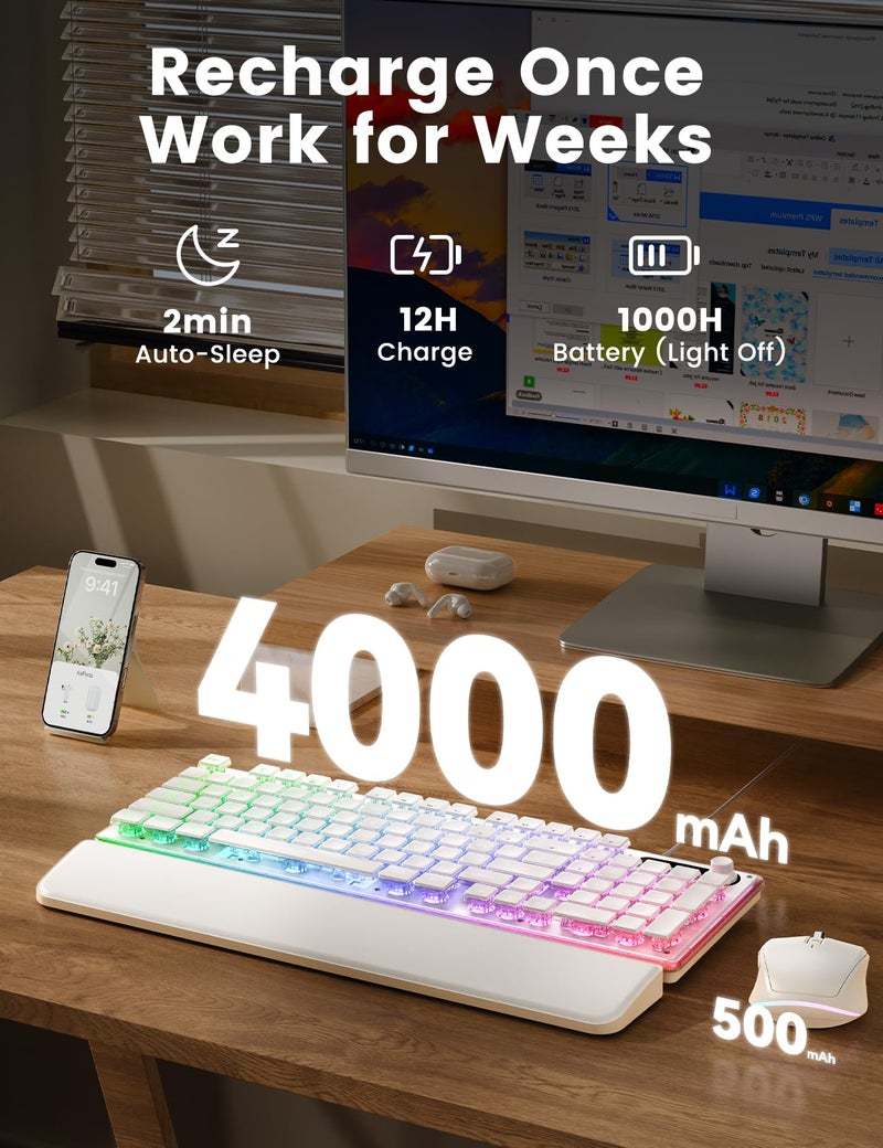 SABLUTE Wireless Keyboard and Mouse Combo - 9 Backlit Effects, Wrist Rest, Double-Shot Keycaps, Metal Panel, Long-Lasting Rechargeable, 2.4G Keyboard Mouse Set for Windows Mac PC Laptop â€“ Sablute (White) - Image 4