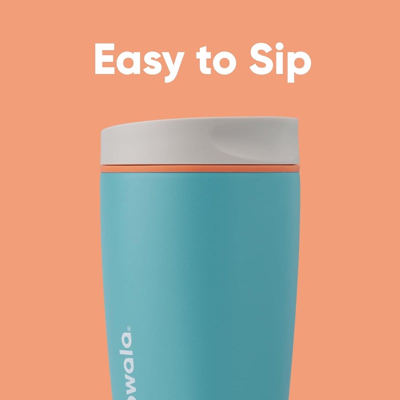 Owala كوب قهوة عازل من الفولاذ المقاوم للصدأ SmoothSip Slider، كوب قهوة مثلجة قابل لإعادة الاستخدام، كوب سفر للقهوة الساخنة، خالي من BPA سعة 12 أونصة، رمادي/أزرق (نسيم الشاطئ) - Image 2