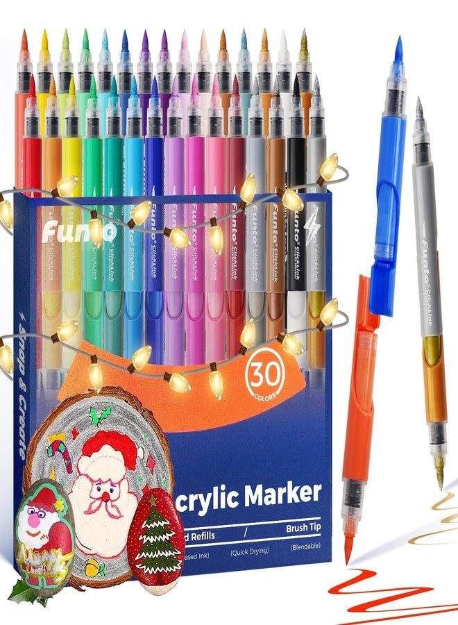 Funto ClickLink Acrylic Markers, 30 Colors Dual-Color with Brush Tip, Water-Based Quick-Drying Ink, Acid-Free Visi-Pod Refills for Rocks, Ceramic, Glass, Wood and DIY Crafts, Art Supplies - Image 1