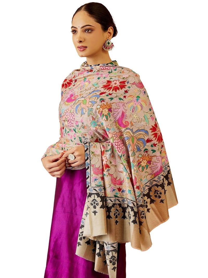 Pashmoda Women Shaheen Fine Wool Fabric Pashmina Kalamkari Embroidered Shawl, Stole and Wrap, Sustainable and Natural Fabric, Heritage Kashmiri Pashmina(Size 40x80) - Image 1