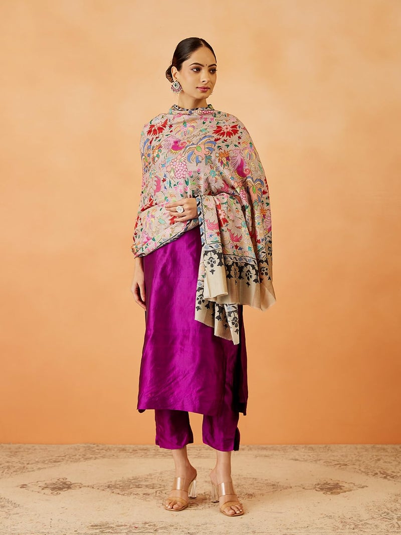 Pashmoda Women Shaheen Fine Wool Fabric Pashmina Kalamkari Embroidered Shawl, Stole and Wrap, Sustainable and Natural Fabric, Heritage Kashmiri Pashmina(Size 40x80) - Image 3