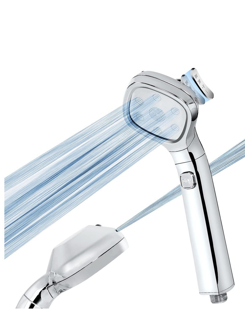 Barakah رأس دش، رؤوس دش عالية الضغط عالمية، رأس دش من الفولاذ المقاوم للصدأ بتشطيب كروم مع 4 أوضاع رذاذ، رأس دش محمول موفر للمياه مع خرطوم بطول 1.5م (فضي) - Image 1