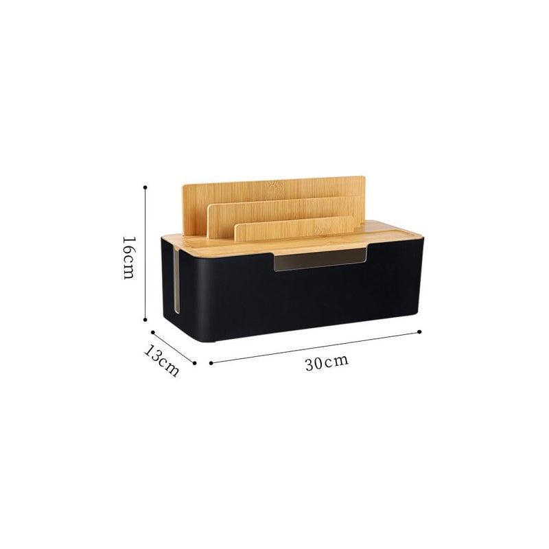 BUYSK Cable Management Box with Wooden Lid, Multi-Device Organizer for Phones/Tablets/Smartwatches, Desktop Cord Organizer for Tidy Workspace (Black) - Image 2