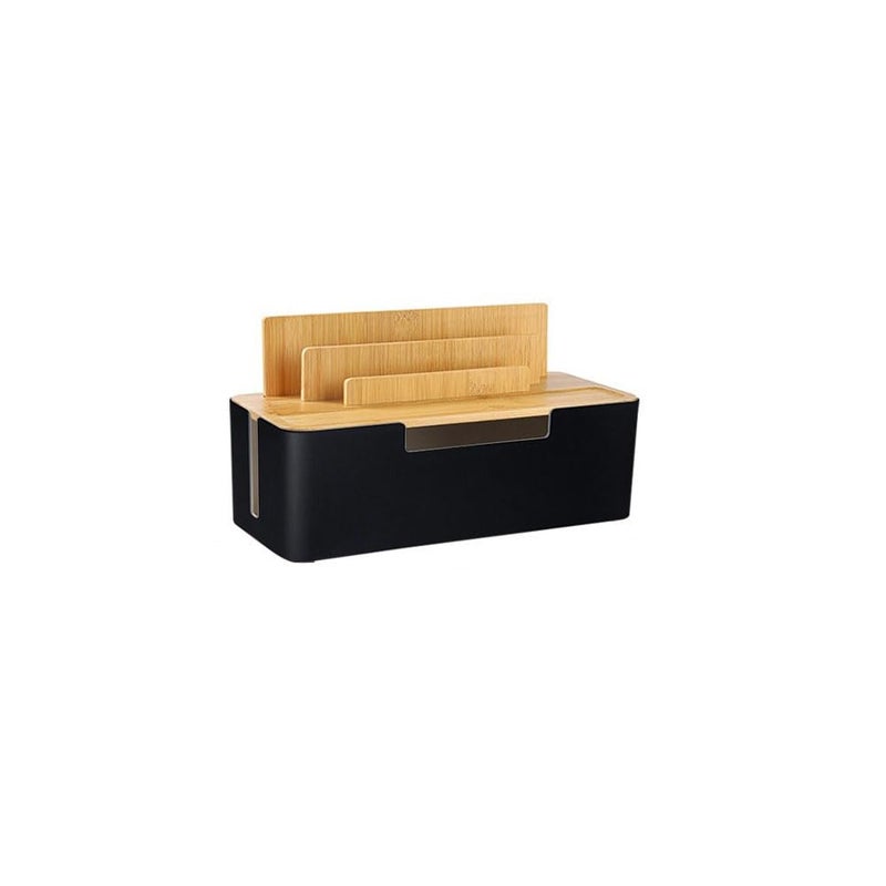 BUYSK Cable Management Box with Wooden Lid, Multi-Device Organizer for Phones/Tablets/Smartwatches, Desktop Cord Organizer for Tidy Workspace (Black) - Image 1