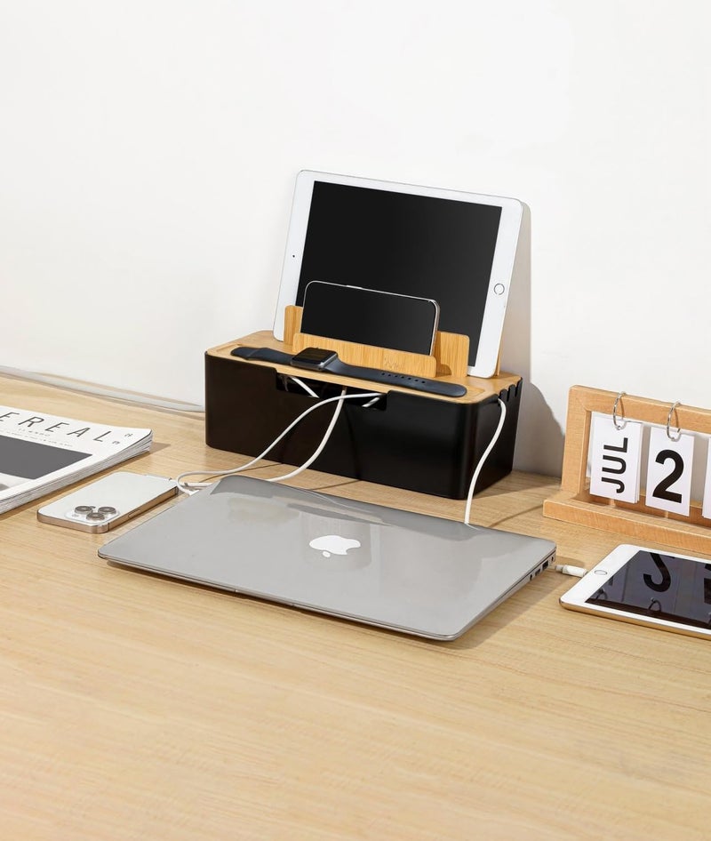 BUYSK Cable Management Box with Wooden Lid, Multi-Device Organizer for Phones/Tablets/Smartwatches, Desktop Cord Organizer for Tidy Workspace (Black) - Image 5