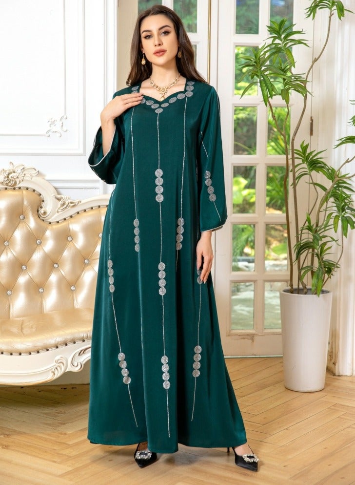 إسكدنيا سيدة صقيل ثوب فضفاض حار ختم أزياء مسلمة طويلة اللباس أبايا الأخضر الداكن - Image 1