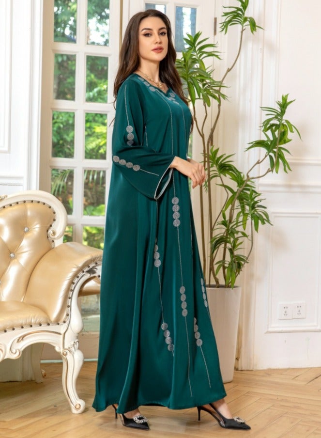 إسكدنيا سيدة صقيل ثوب فضفاض حار ختم أزياء مسلمة طويلة اللباس أبايا الأخضر الداكن - Image 3
