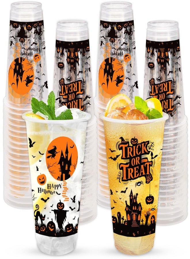 Whaline أكواب بلاستيكية هالوين 50 قطعة سعة 16 أونصة من وايلين، أكواب شفافة للتخلص منها لحفلات عيد الميلاد المخيفة، قلاع الساحرات، اليقطين، والخفافيش - Image 1