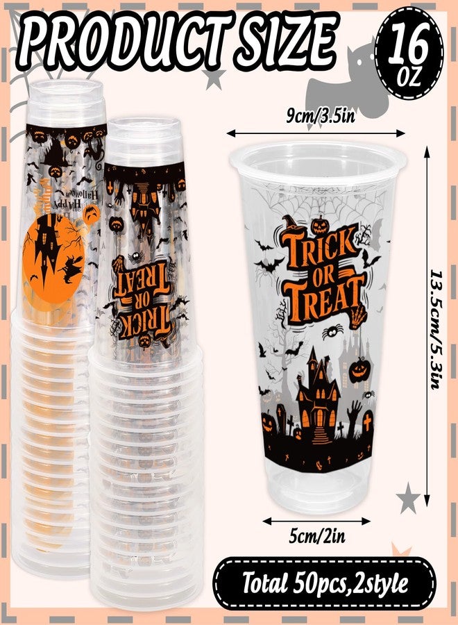 Whaline أكواب بلاستيكية هالوين 50 قطعة سعة 16 أونصة من وايلين، أكواب شفافة للتخلص منها لحفلات عيد الميلاد المخيفة، قلاع الساحرات، اليقطين، والخفافيش - Image 2