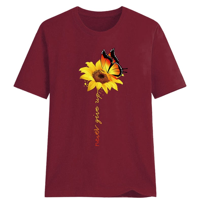 Butterfly Sunflower Sunflower Print Short Sleeve T-Shirt Explosive Foreign Trade One Drop Shipping Wish eBay Redwine XXXL - Image 1