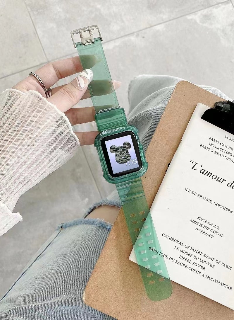متوافق مع سوار Apple Watch مقاس 45 مم و 44 مم و 42 مم للنساء والرجال، حزام معصم سيليكون بتصميم شفاف لـ iWatch Series 11/10/9/8/7/6/5/4/3/2/1/SE 3/2/1 أخضر شفاف - Image 2