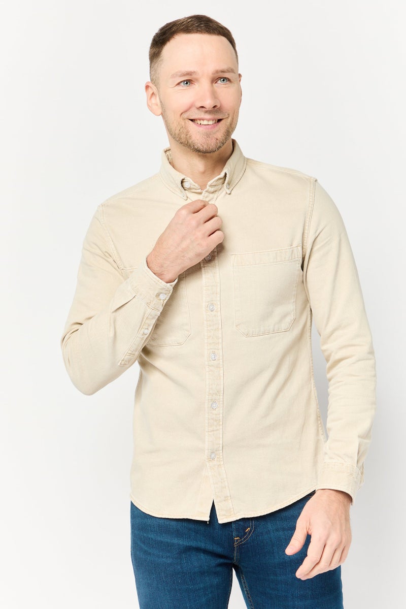 Celio Men Regular Fit Solid Long Sleeves Denim Shirt, Beige - Image 1