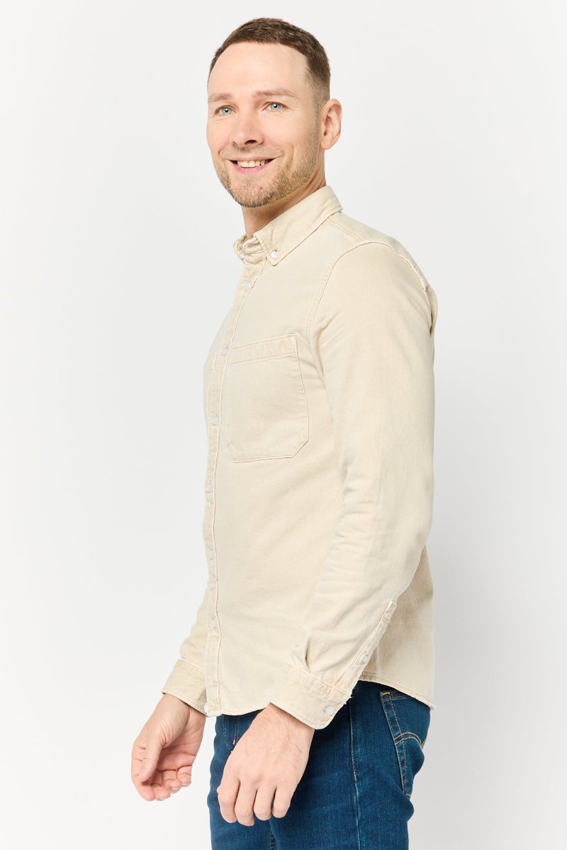 Celio Men Regular Fit Solid Long Sleeves Denim Shirt, Beige - Image 3