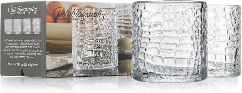 Glaver's DOF Set of 4 Clear 13oz Drinking Glasses Crackle Textured Design Double Old Fashioned Whiskey Glasses Home Everyday Bar Glassware - Image 1