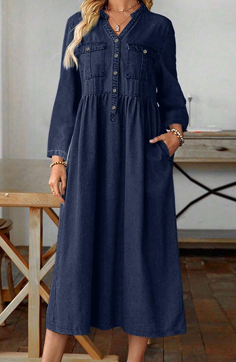 loveimgs Women Casual Button Down High Waist Midi Denim Dress V Neck Pleated Shirt Jean Dress A Line Long Sleeves Pockets (Large,Dark Blue) - Image 2