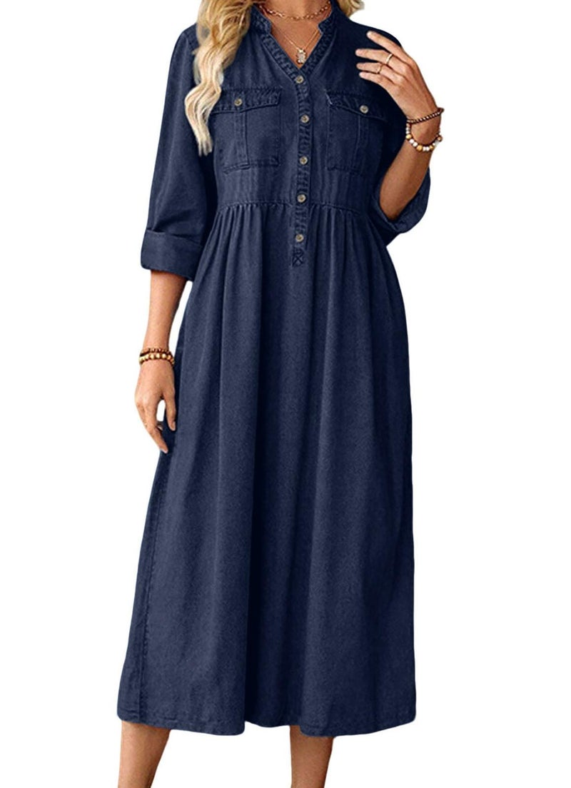 loveimgs Women Casual Button Down High Waist Midi Denim Dress V Neck Pleated Shirt Jean Dress A Line Long Sleeves Pockets (Large,Dark Blue) - Image 1