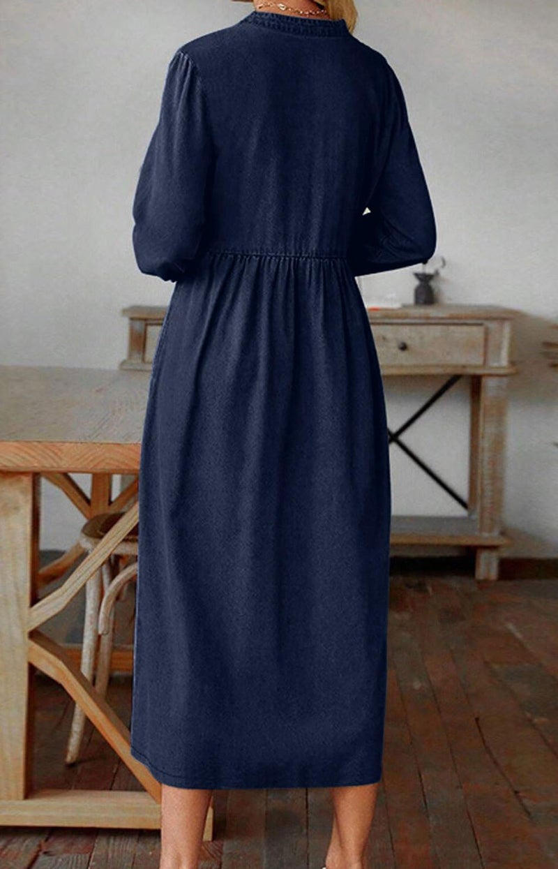 loveimgs Women Casual Button Down High Waist Midi Denim Dress V Neck Pleated Shirt Jean Dress A Line Long Sleeves Pockets (Large,Dark Blue) - Image 5