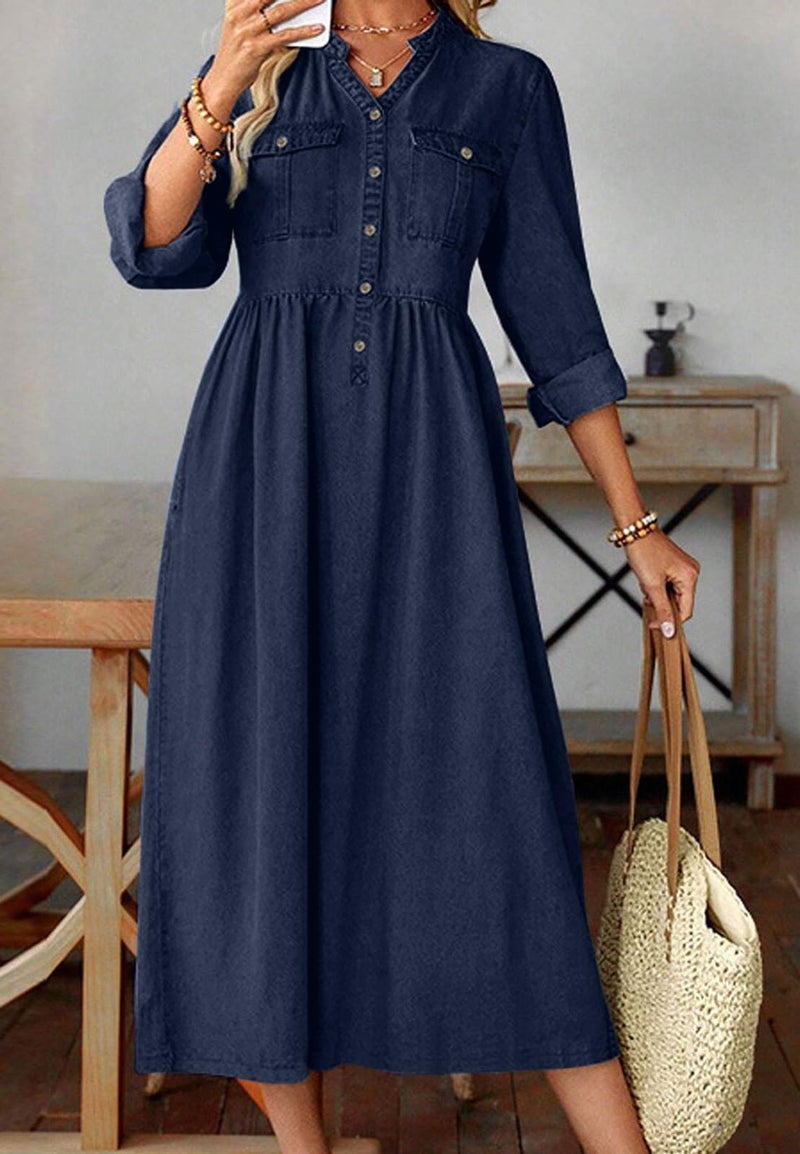 loveimgs Women Casual Button Down High Waist Midi Denim Dress V Neck Pleated Shirt Jean Dress A Line Long Sleeves Pockets (Large,Dark Blue) - Image 4