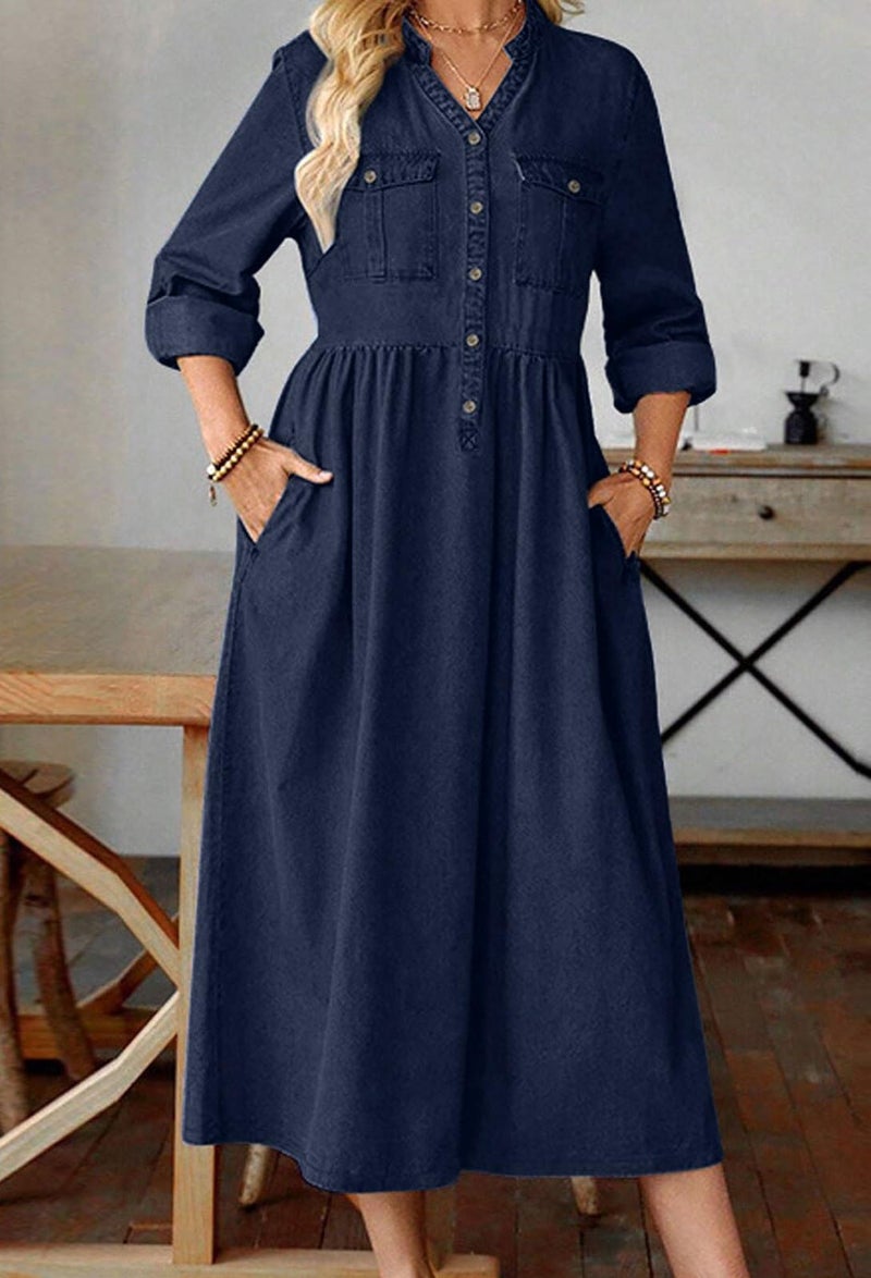loveimgs Women Casual Button Down High Waist Midi Denim Dress V Neck Pleated Shirt Jean Dress A Line Long Sleeves Pockets (Large,Dark Blue) - Image 3