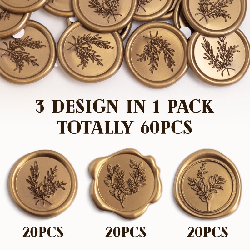 Eunoir 60 Pcs Wax Seal Stickers Set (3 Designs in 1 Pack) - Adhesive Backed Elegant Floral Designs for Wedding Invitation Envelope Seal Stickers Gift Wrapping (Vintage Bronze) - Image 2