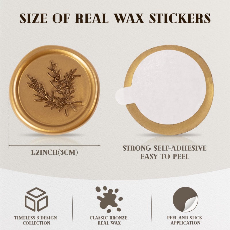 Eunoir 60 Pcs Wax Seal Stickers Set (3 Designs in 1 Pack) - Adhesive Backed Elegant Floral Designs for Wedding Invitation Envelope Seal Stickers Gift Wrapping (Vintage Bronze) - Image 3