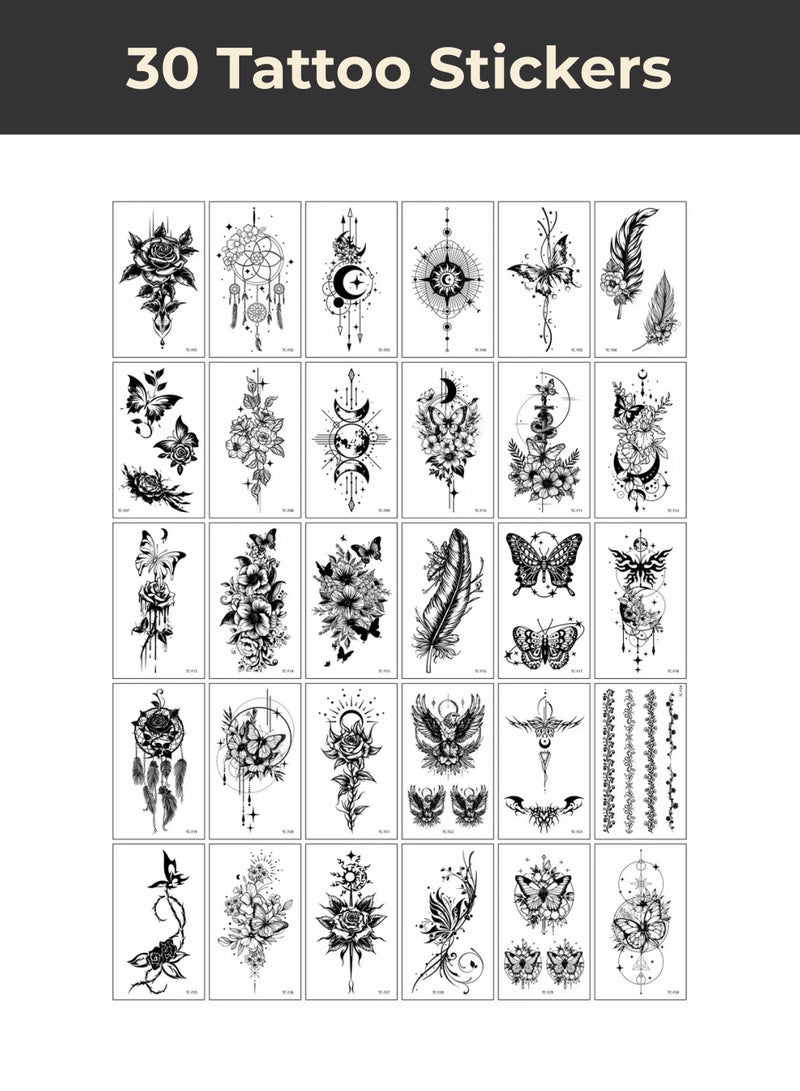 30-Pack Temporary Tattoo Stickers – Waterproof Butterfly, Flower & Heart Art for Kids Adults Men and Women - Image 1