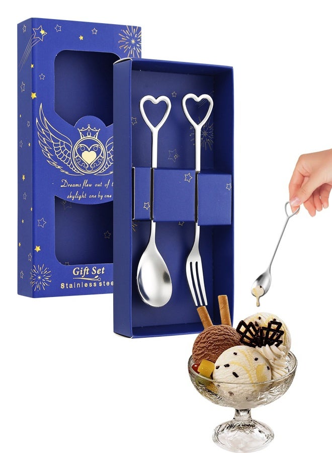 2 Pcs Stainless Steel Table Teaspoon and Fork, Heart Shaped Handle Design Coffee Spoon Forks, Mini Dessert Spoon Fork with Gift Box for Coffee Cafe Latte Espresso Hot Chocolate Ice Cream - Image 1