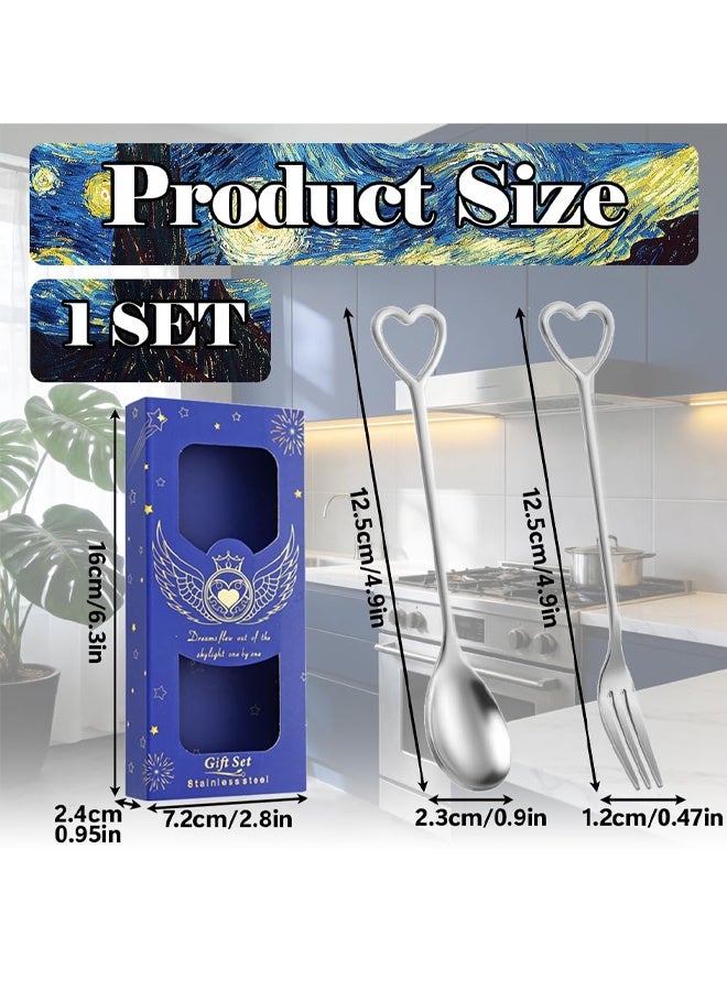 2 Pcs Stainless Steel Table Teaspoon and Fork, Heart Shaped Handle Design Coffee Spoon Forks, Mini Dessert Spoon Fork with Gift Box for Coffee Cafe Latte Espresso Hot Chocolate Ice Cream - Image 2