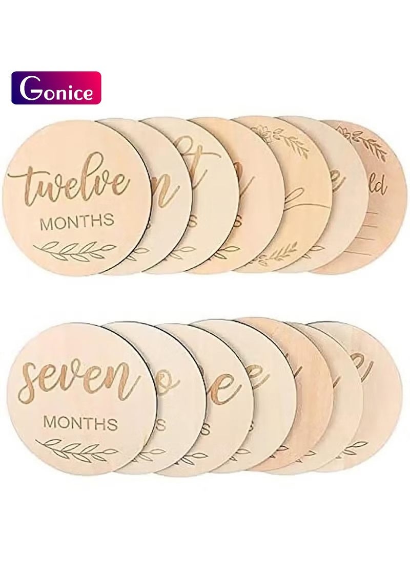 Gonice 14 Piece Wooden Baby Monthly Milestone Photo Cards, Baby Announcement Cards, Baby Milestone Discs for Newborn Baby Shower Gifts - Image 1