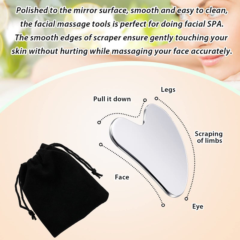 Nuanchu Stainless Steel Gua Sha Facial Tools Metal Guasha Tool for Face Body Jawline Shaper, Double Chin Reducer, Puffiness Reducing, Lymphatic Drainage Massager Skin Care Gift with Pouch(Silver) - Image 4