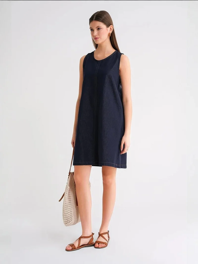 MixRay Mixray Crew Neck Cotton Midi Dress with Pockets