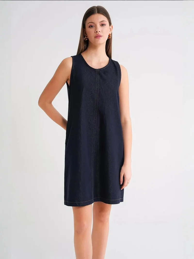 MixRay Navy Blue Mixray Crew Neck Cotton Midi Dress with Pockets for Women | Best Price UAE