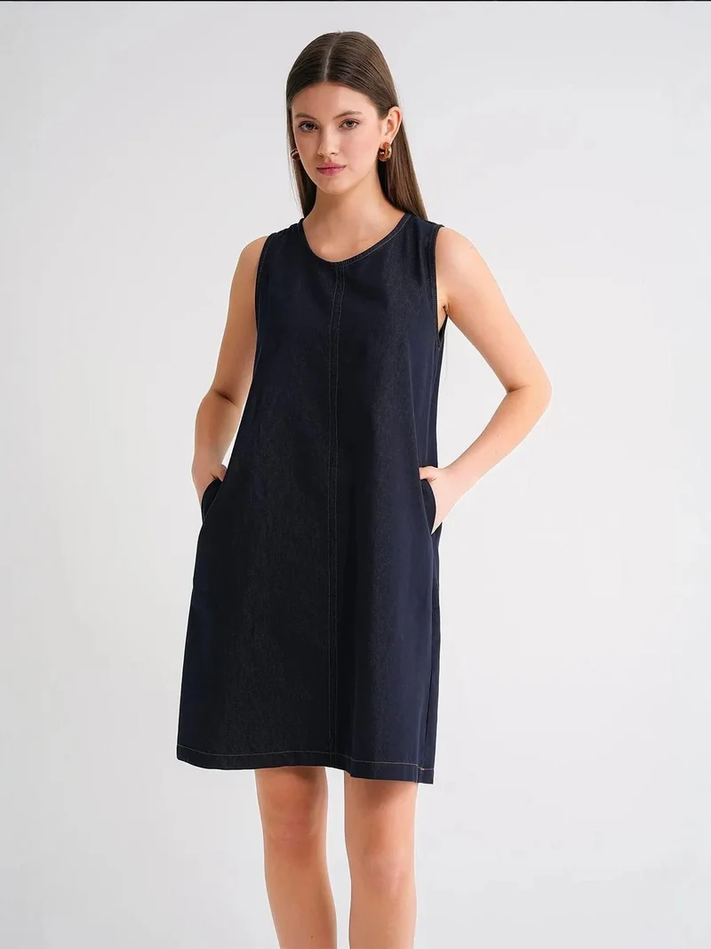 MixRay Navy Blue Mixray Crew Neck Cotton Midi Dress with Pockets for Women | Best Price UAE