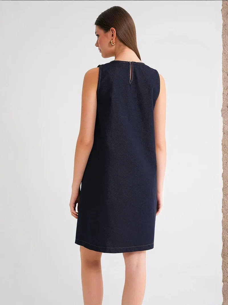 MixRay Navy Blue Mixray Crew Neck Cotton Midi Dress with Pockets for Women | Best Price UAE