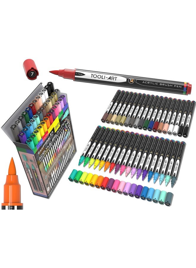 TOOLI-ART 36 Flexible Brush Tip Acrylic Paint Pens Markers Set 17Mm Line For Rock Painting Brush Lettering Scrapbooking Glass Mugs Wood Metal Canvas Fabric Plastic. Non Toxic Waterbased Quick Drying - Image 1