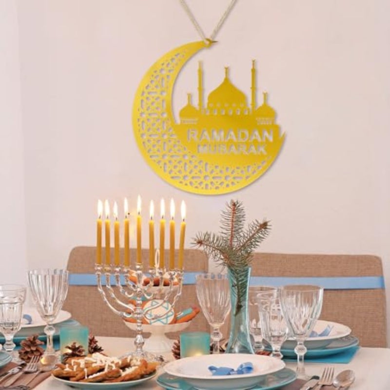 Ramadan Mubarak Hanging Decorations, Eid Mubarak Decorations, Sparkling Golden Moon Islamic Muslims Hanging Ramadan Ornaments for Muslim Eid Party Home Wall Tree Decor Gifts - Image 4