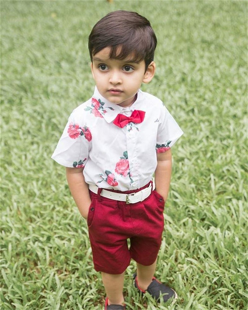 CIYCUIT Toddler Baby Boys Rose Floral Shorts Set Short Sleeve Button Down Shirt + Shorts Pants 2 Pieces Infant Summer Clothes Outfits Red 2-3 Years - Image 2