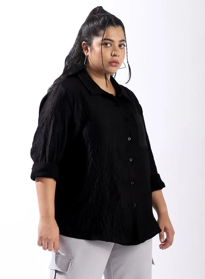 HIGH STAR Women'S Black 100% Polyester Solid Pattern Plus Size Button Down Boxy Shirt