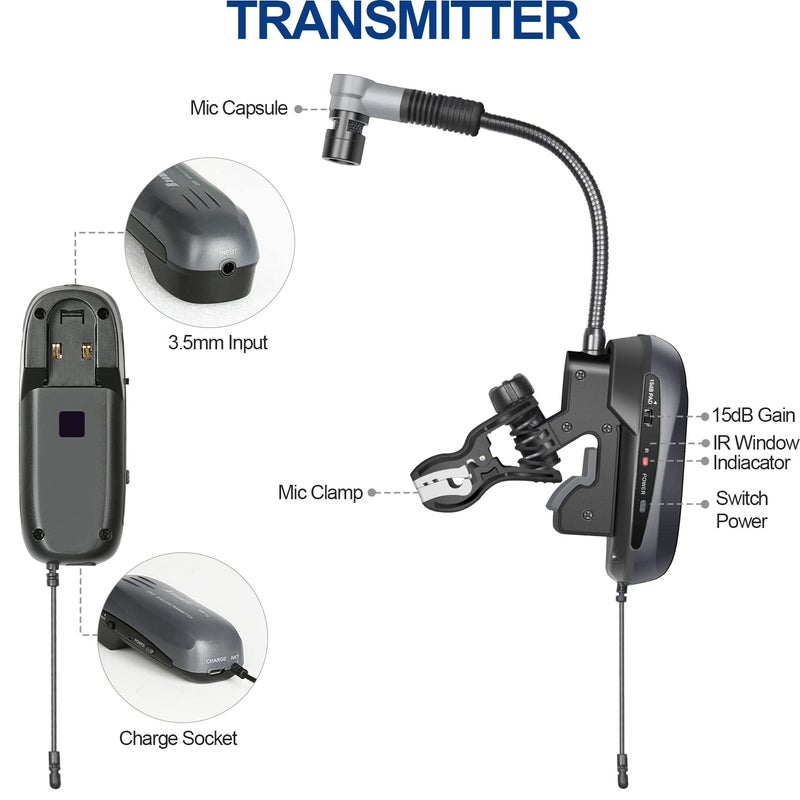 SGPRO Saxophone Wireless Microphone Professional Gooseneck Clip-on Mic with Preset EQ & ECHOs, 262 Ft Transmission and Rechargeable Transmitter, for Soprano, Tenor, Alto, and Baritone Saxophone - Image 3