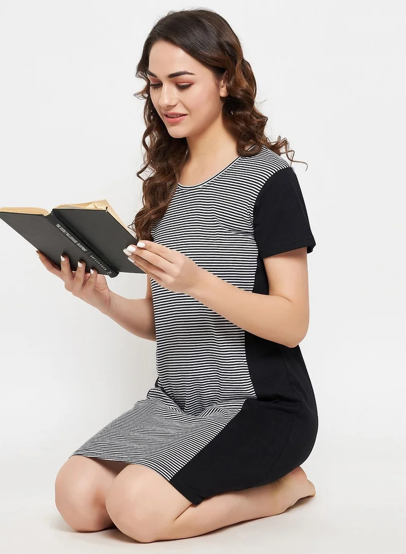 كلوفيا Clovia Sassy Stripes Short Night Dress In Black - 100% Cotton