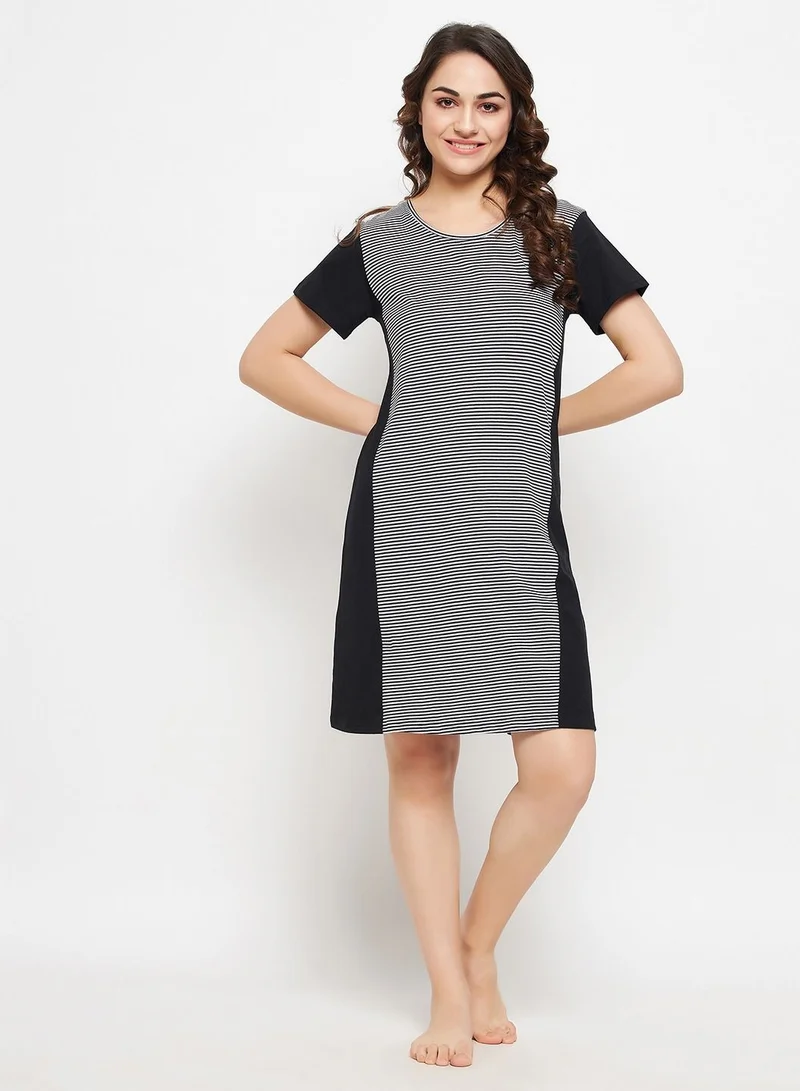 كلوفيا Clovia Sassy Stripes Short Night Dress In Black - 100% Cotton