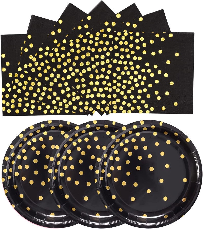 CENLBJ Black and Gold Paper Plates-50 Pack-25 * 7inch Paper Plates & 25 * 6.5inch Napkins Black Plates and Napkins Party Supplies for Graduation Retirement All Occasions - Image 1