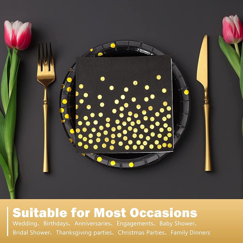 CENLBJ Black and Gold Paper Plates-50 Pack-25 * 7inch Paper Plates & 25 * 6.5inch Napkins Black Plates and Napkins Party Supplies for Graduation Retirement All Occasions - Image 3
