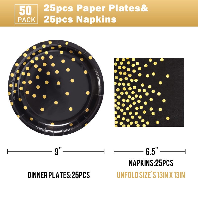 CENLBJ Black and Gold Paper Plates-50 Pack-25 * 7inch Paper Plates & 25 * 6.5inch Napkins Black Plates and Napkins Party Supplies for Graduation Retirement All Occasions - Image 2