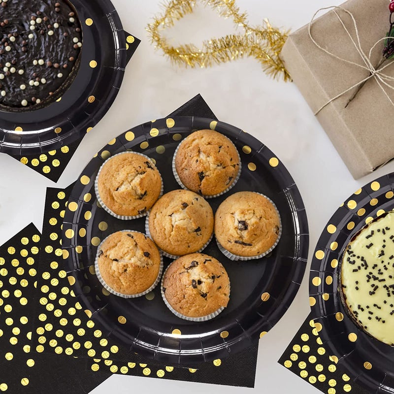 CENLBJ Black and Gold Paper Plates-50 Pack-25 * 7inch Paper Plates & 25 * 6.5inch Napkins Black Plates and Napkins Party Supplies for Graduation Retirement All Occasions - Image 5