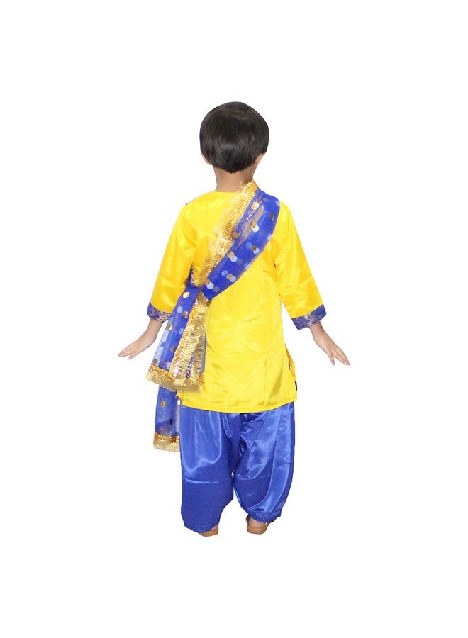 Kaku Fancy Dresses Polyester Indian State Punjabi Folk Dance Costume For Kids/Salwar Suit With Dupatta For Girl Costume - Yellow & Blue, 5-6 Years - Image 4