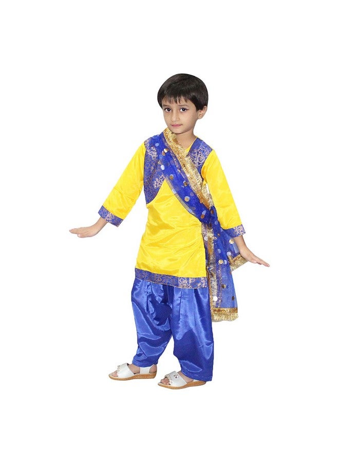 Kaku Fancy Dresses Polyester Indian State Punjabi Folk Dance Costume For Kids/Salwar Suit With Dupatta For Girl Costume - Yellow & Blue, 5-6 Years - Image 2