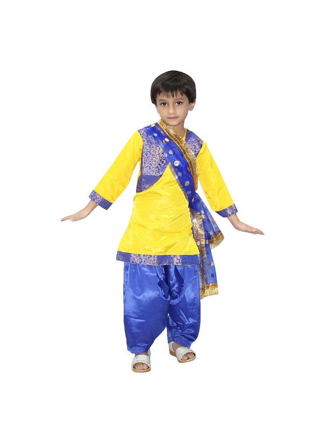 Kaku Fancy Dresses Polyester Indian State Punjabi Folk Dance Costume For Kids/Salwar Suit With Dupatta For Girl Costume - Yellow & Blue, 5-6 Years - Image 1