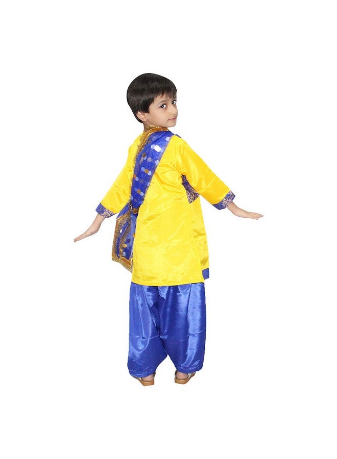 Kaku Fancy Dresses Polyester Indian State Punjabi Folk Dance Costume For Kids/Salwar Suit With Dupatta For Girl Costume - Yellow & Blue, 5-6 Years - Image 3